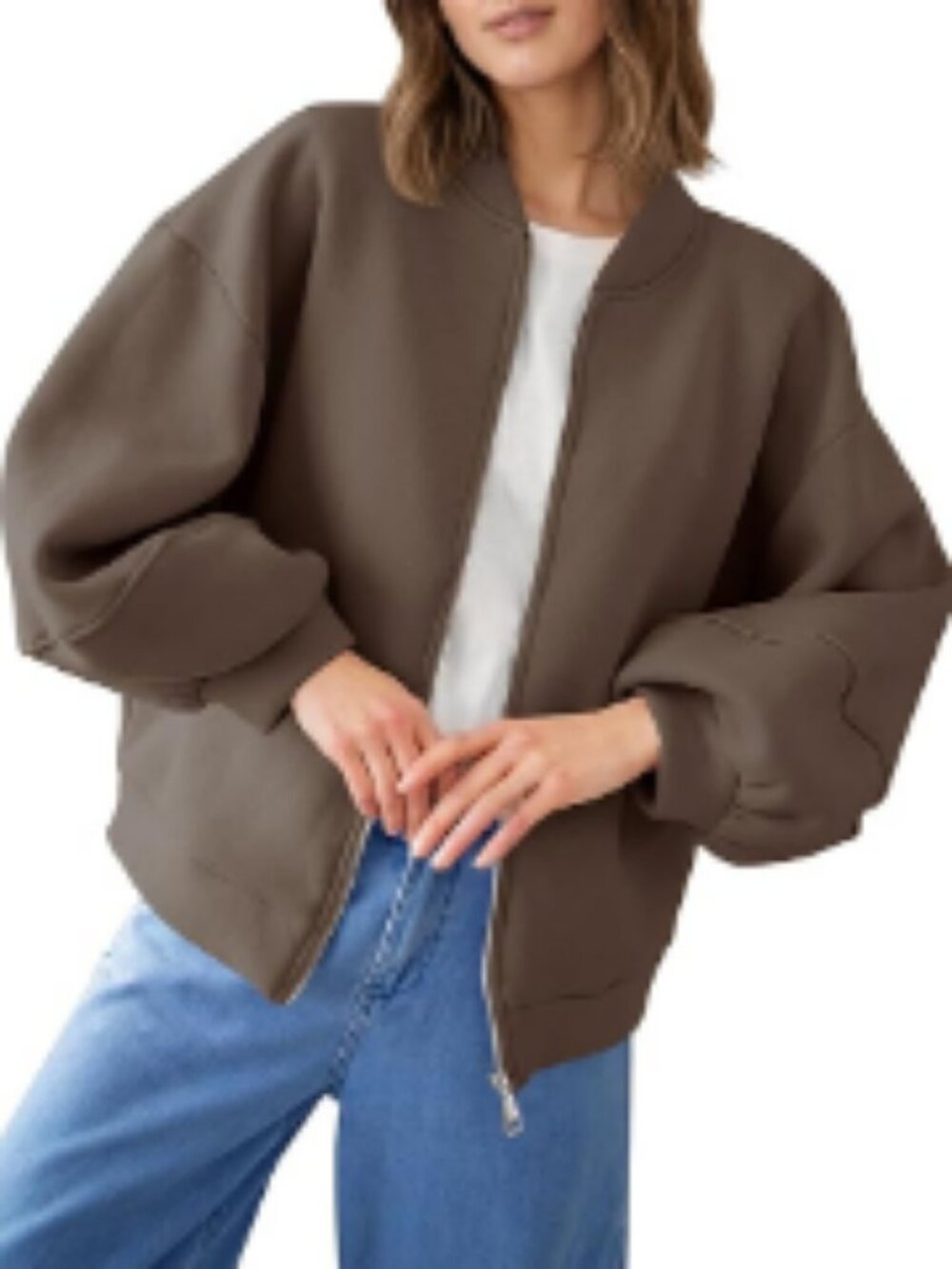 Zip Up Sweatshirt Bomber Jacket Lantern Sleeve Oversized Casual Jacket